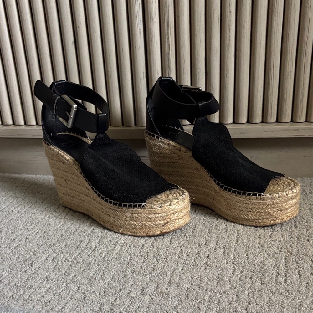 Marc Fisher Black and Tan Wedge Espadrilles